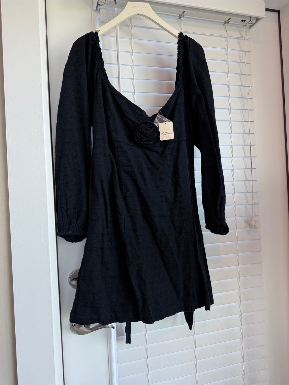 NWT Free People Black Women's Long Sleeve V-Neck Dress with Floral Accent